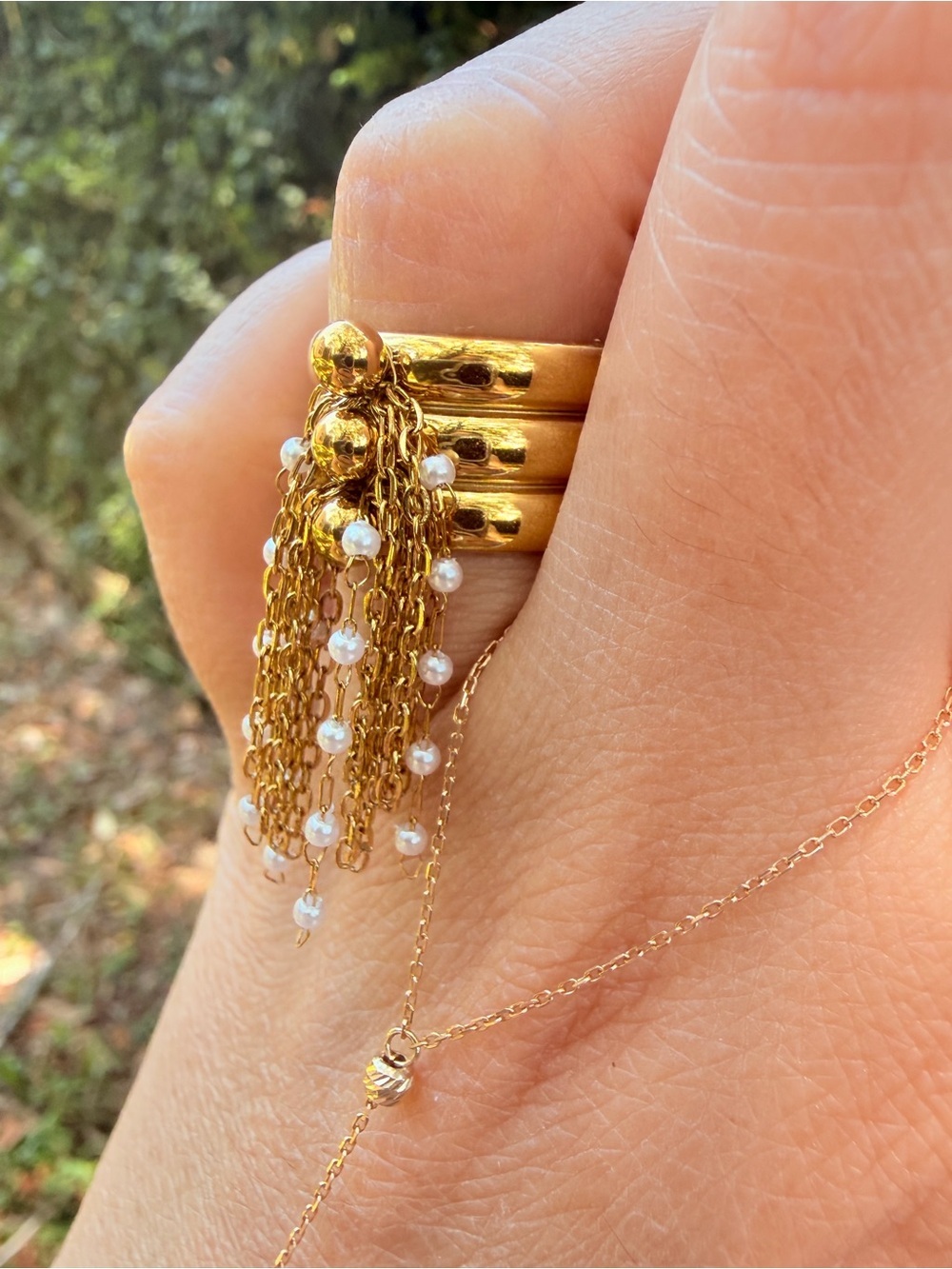 Gold Pearl Tassel Stackable Ring - Brand New! Adjustable - Picture 3 of 9